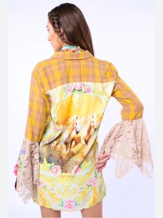 Tops - Aratta - Wild Wild West Plaid & Floral Horse Back Print Tunic — Yellow Multi